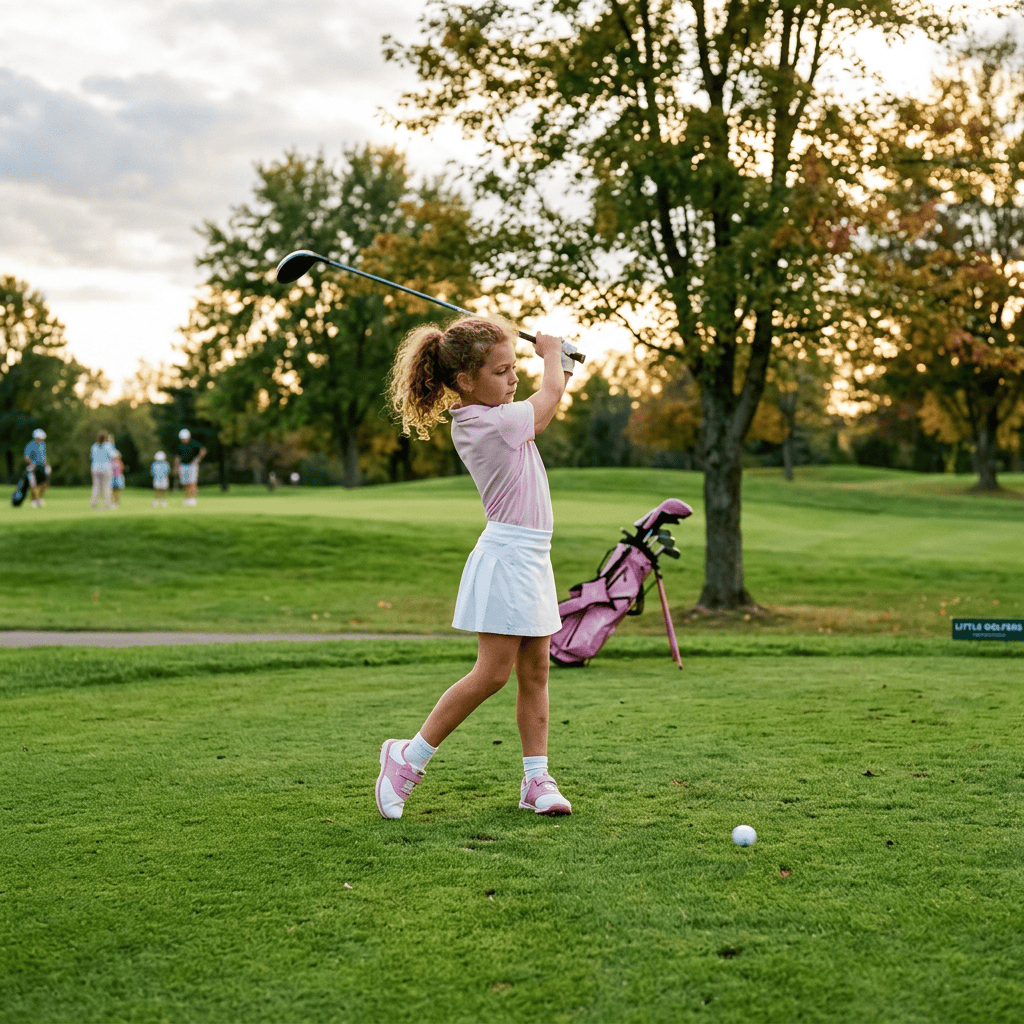 Young girl completing a golf swing on a grassy course