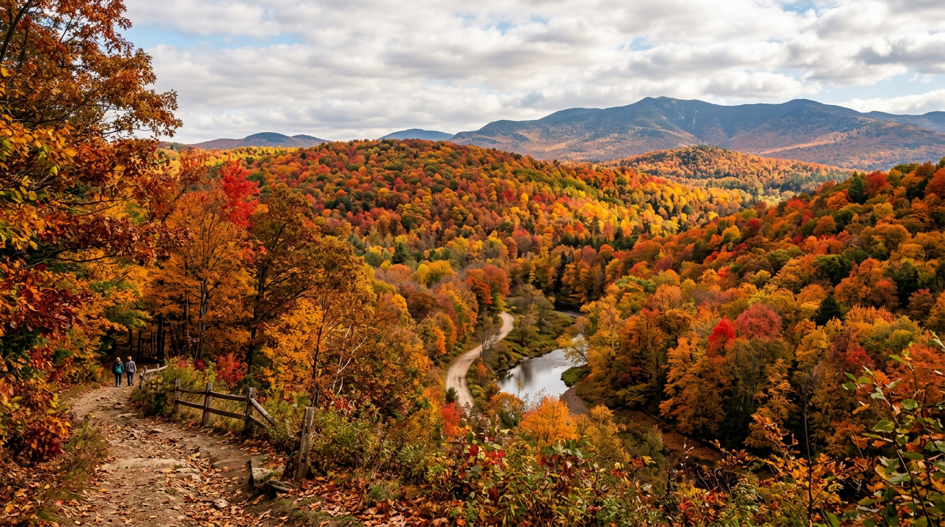 Hikers on a wooded trail overlooking an autumn valley, river, and mountains