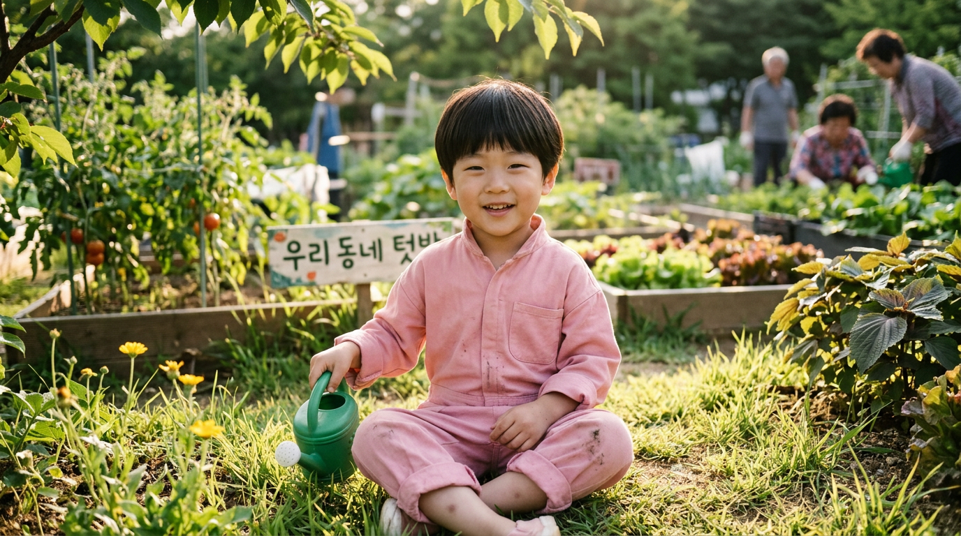 Smiling child in pink clothes holding a green watering can in a community garden