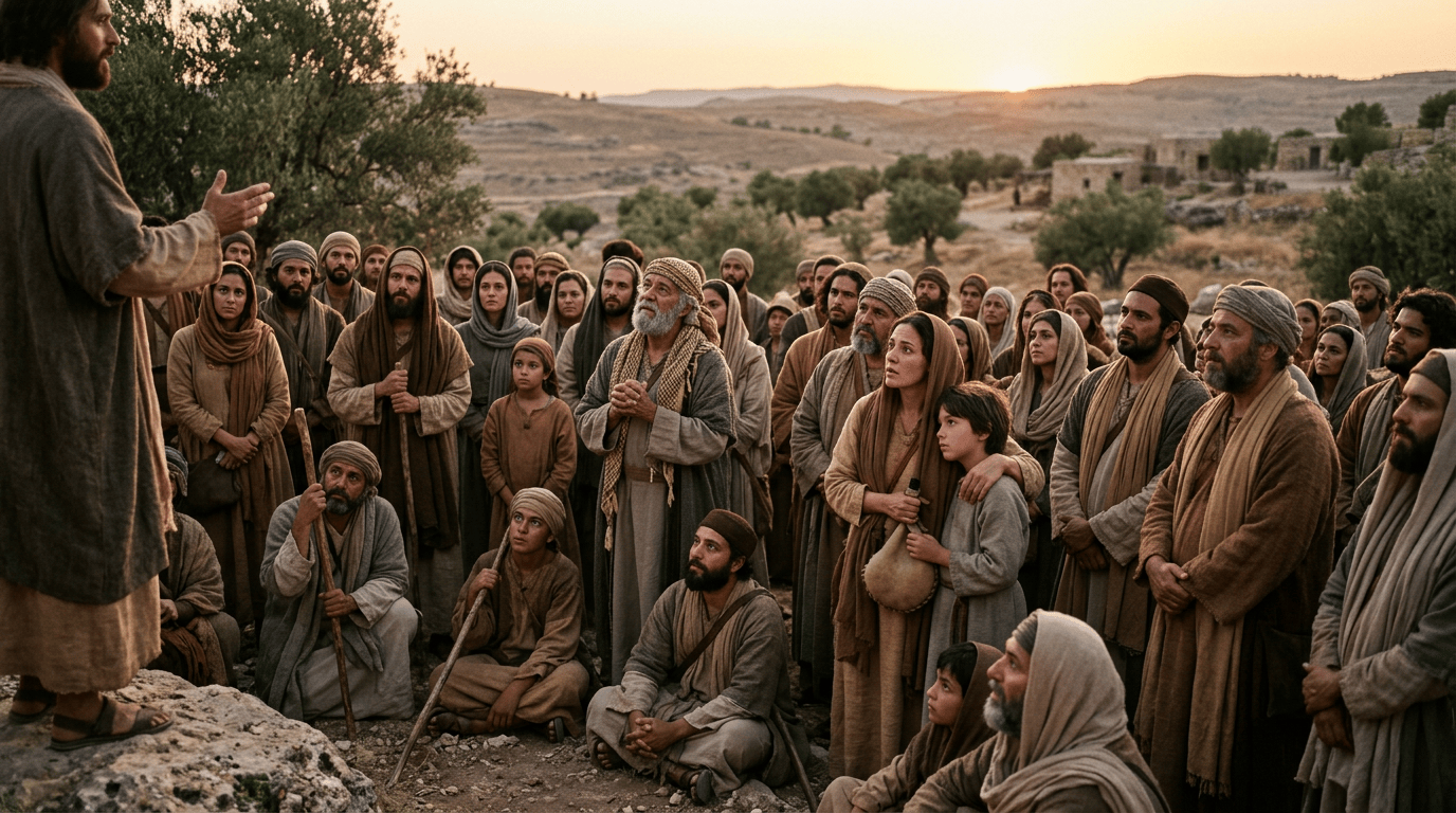 A teacher addresses a large crowd in an ancient hillside village at sunset