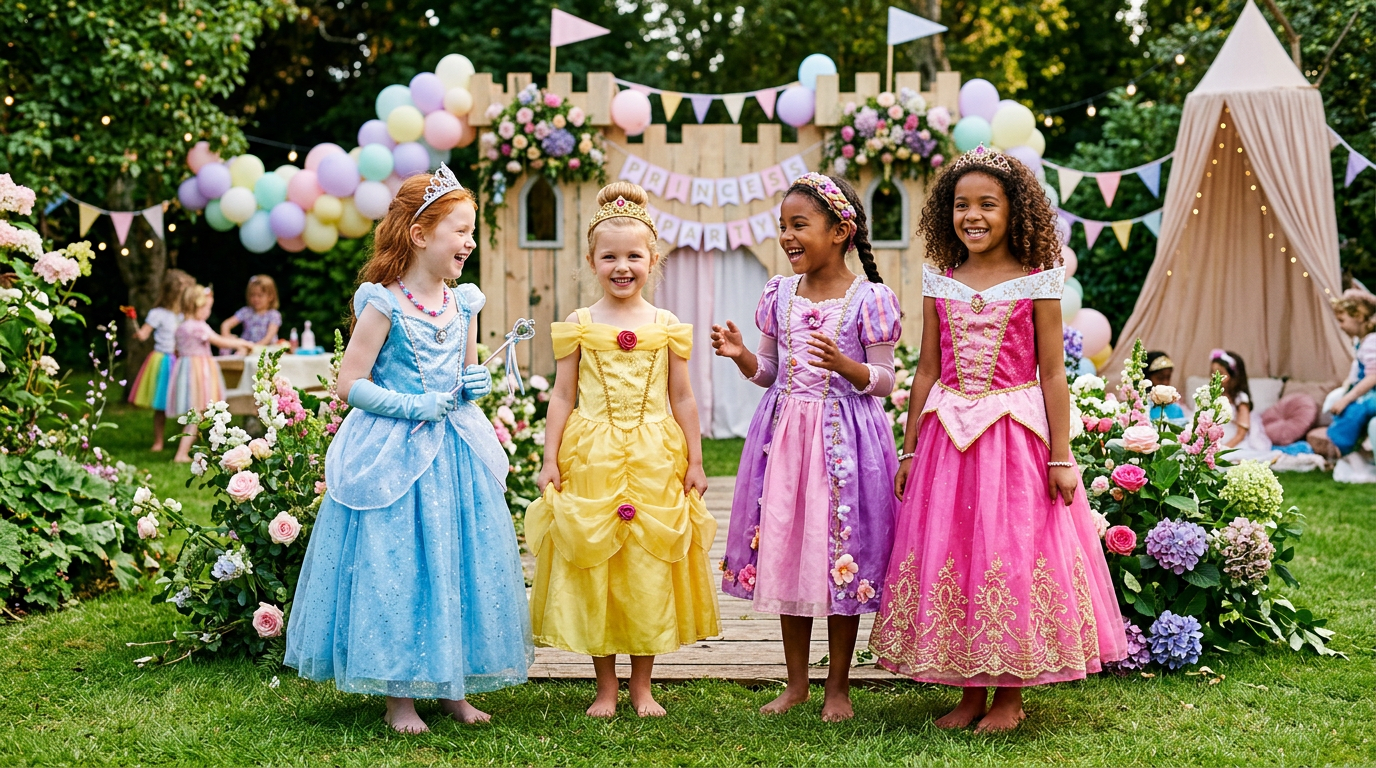 Four children in colorful princess costumes at a garden party